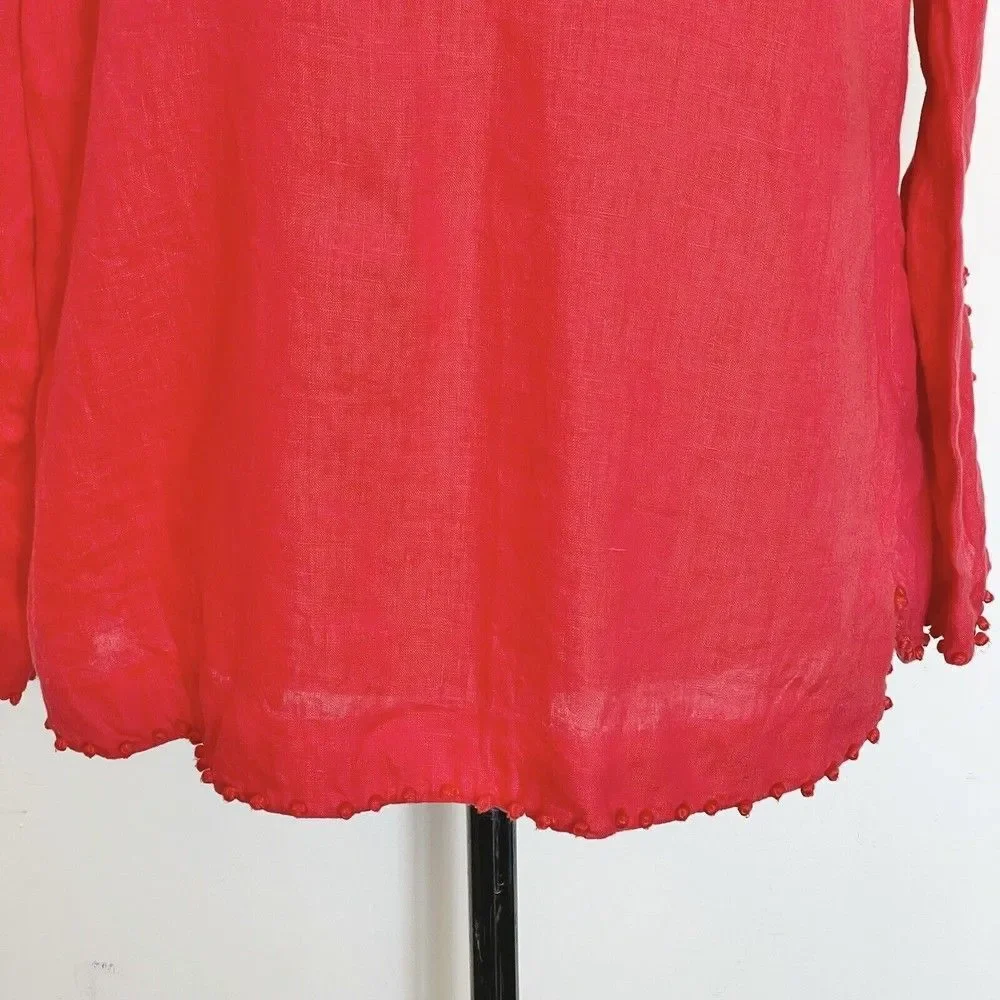 J Crew Womens Blouse 100% Linen Long Sleeve Dots Embroidered Trim Frayed Sz 8